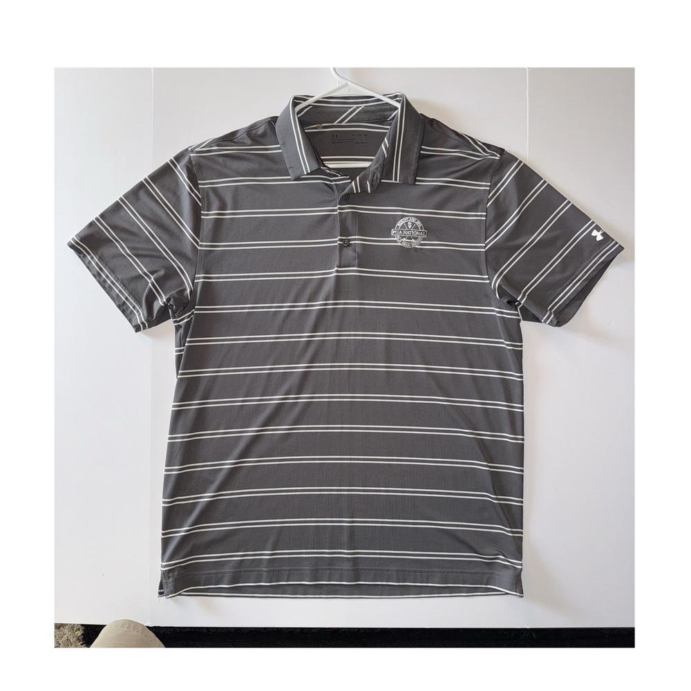 Men's XL Under Armour HeatGear Gray/White Striped Golf Polo PGA NATIONAL